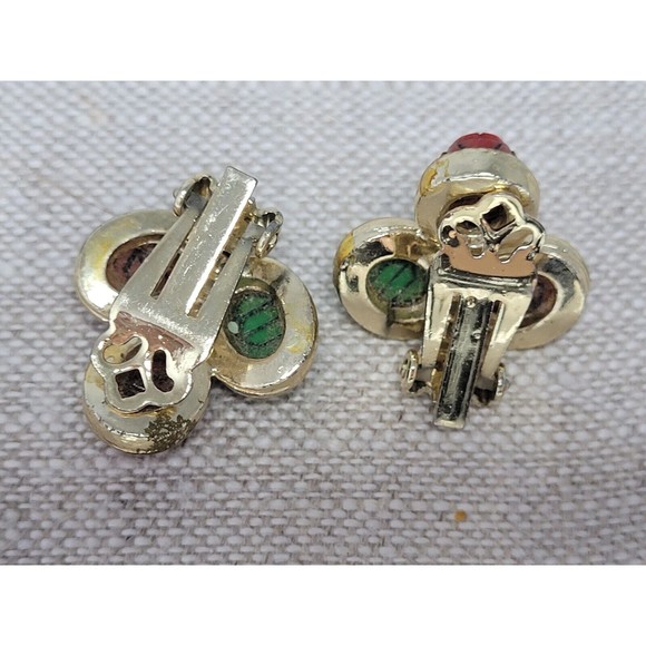 60s Etruscan Scarab Clip On Earrings Multi-color Green Red Salmon Pink Lucite - Picture 3 of 3